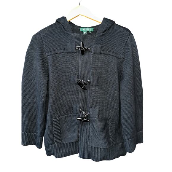 Lauren Ralph Lauren Cardigan Sweater Toggle Closure Hood Black M Timeless Preppy - Picture 1 of 13